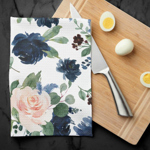 Chic Blooms Navy Blue and Blush Rose Shimmer Tea Towel