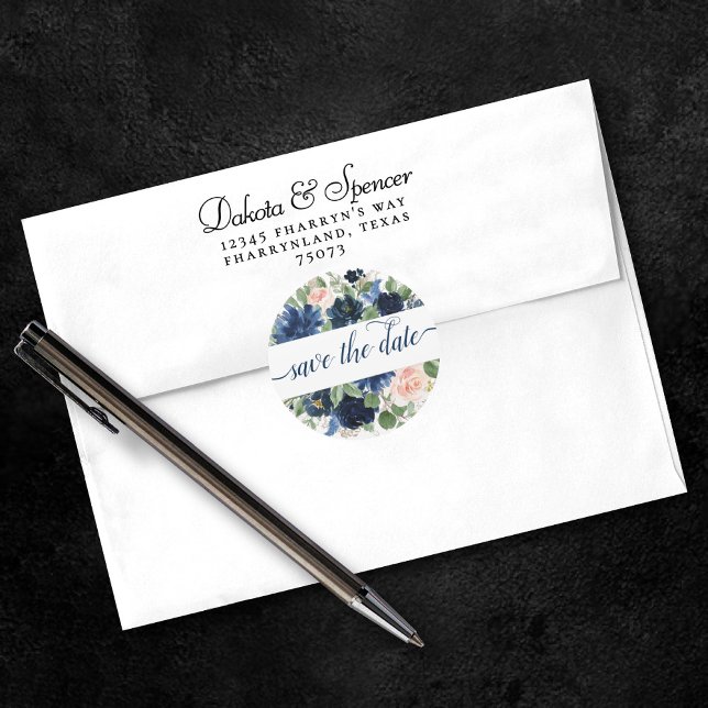 Chic Blooms | Navy Blue and Blush Save the Date Classic Round Sticker (Creator Uploaded)