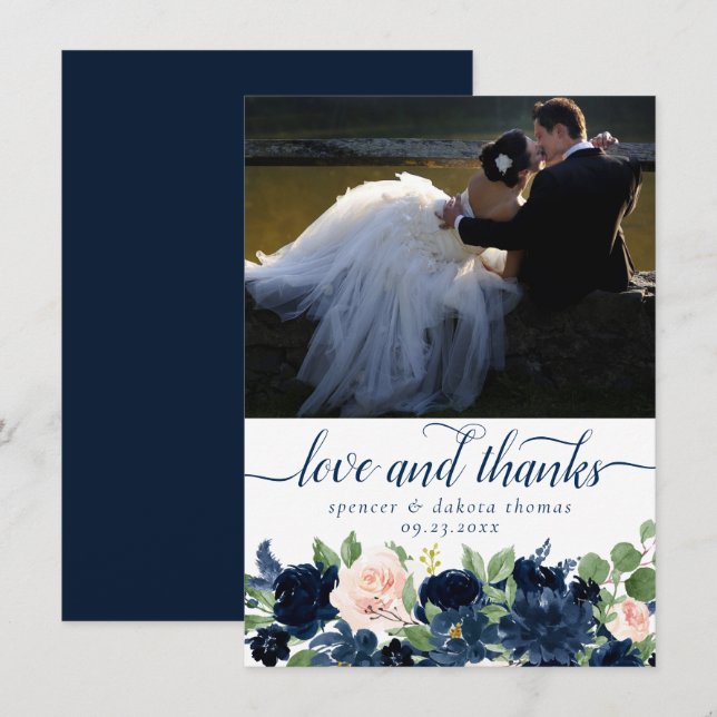 Chic Blooms | Navy Blue Blush Pink Photo Love and Thank You Card (Front/Back)
