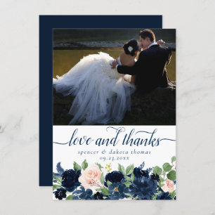 Chic Blooms   Navy Blue Blush Pink Photo Love and Thank You Card