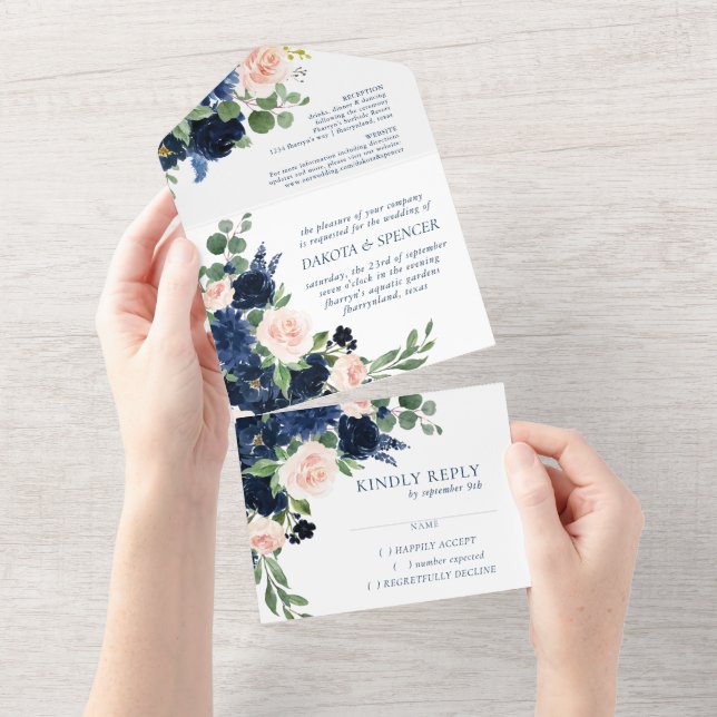 Chic Blooms | Romantic Navy Blue and Blush Wedding All In One Invitation (Tearaway)