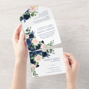 Chic Blooms   Romantic Navy Blue and Blush Wedding All In One Invitation