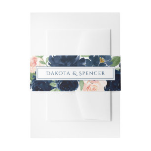 Chic Blooms   Romantic Navy Blush Floral Bouquet Invitation Belly Band