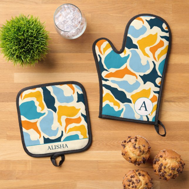 Chic Blue Abstract Artsy Modern Custom Oven Mitt & Pot Holder Set (Top Down)
