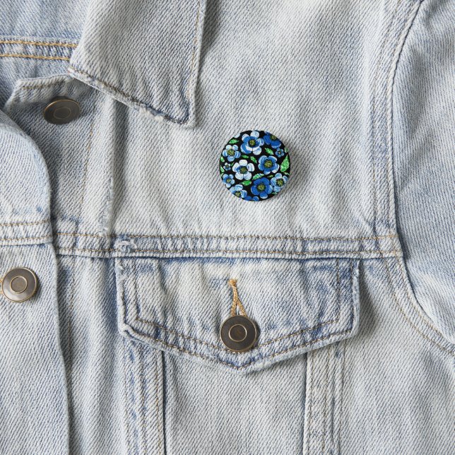 Chic Blue Acrylic Flowers on Black Round Button Pi (In Situ)