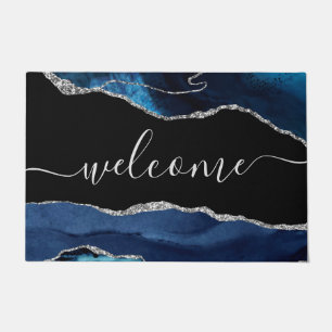 Chic Blue Agate Silver Glitter Script Welcome Doormat