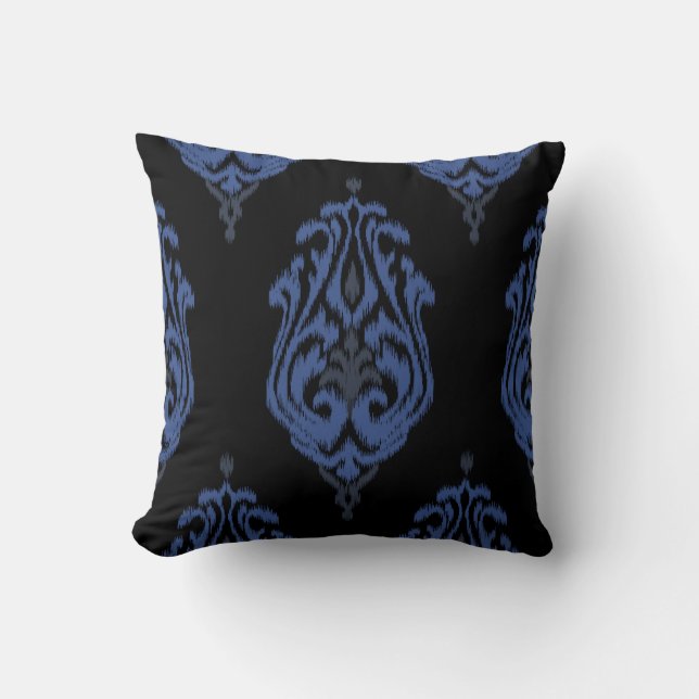 Chic blue and black damask tribal ikat print cushion (Front)