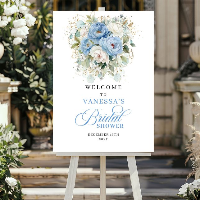 Chic Blue and Gold Bridal Shower Welcome Poster (Chic Blue and Gold Bridal Shower Welcome)