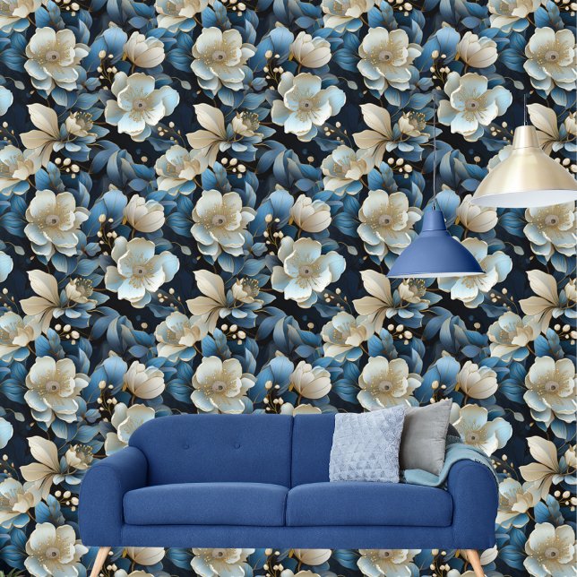 Chic Blue And Gold Floral Pattern Peel and Stick Wallpaper (Creator Uploaded)