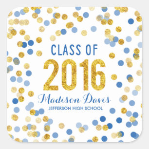 Chic Blue and Gold Glitter Graduation Square Sticker