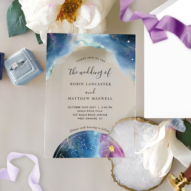 Chic Blue and Purple Watercolor Celestial Wedding Acrylic Invitations (Creator Uploaded)
