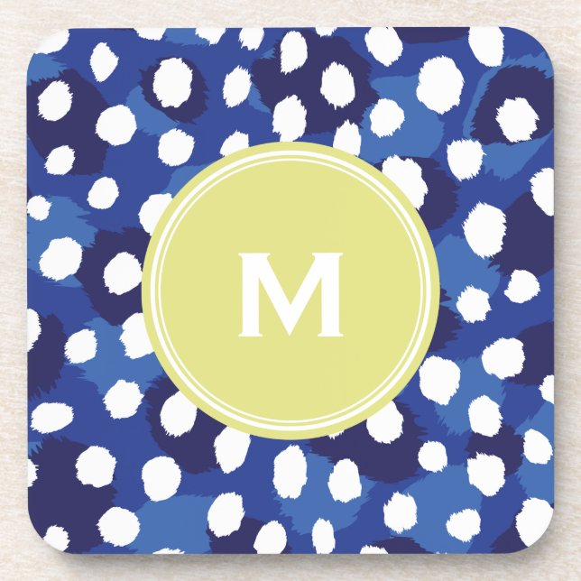 Chic blue and white cheetah print monogram coaster (Front)