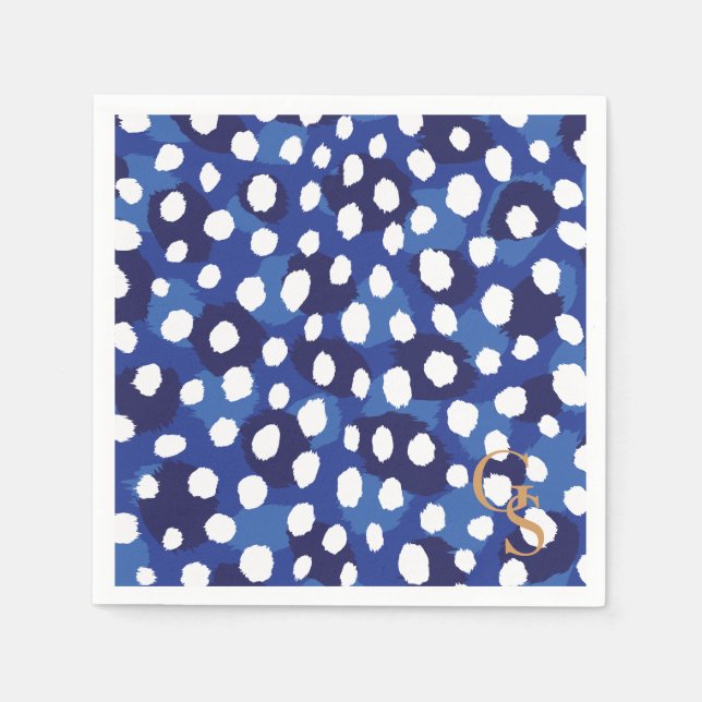 Chic blue and white cheetah print monogram napkin (Front)