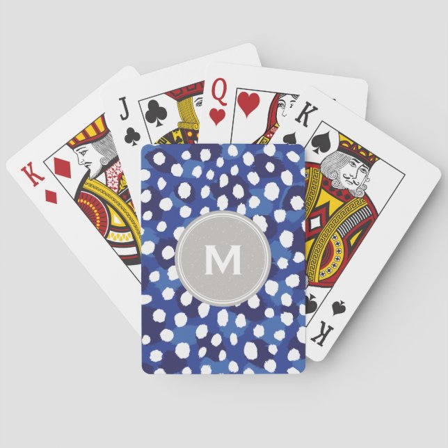 Chic blue and white cheetah print monogram playing cards (Back)