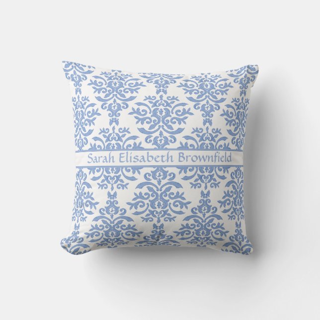Chic Blue and White Damask Pretty Pattern Cushion (Front)