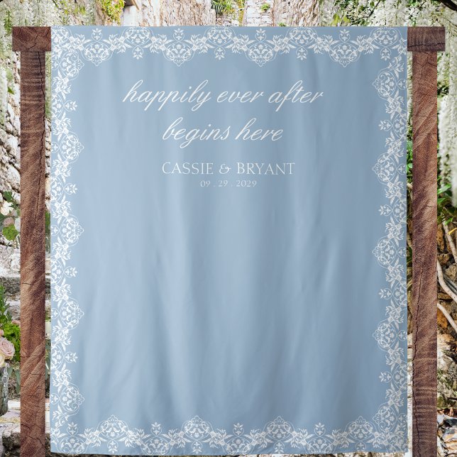 Chic Blue and White Fairytale Wedding Backdrop Tapestry (chic dusty blue wedding photo backdrop happily ever after saying bride groom date tapestry)