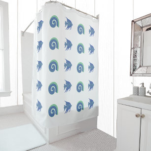 Chic Blue and White Fish Shell Beach House Shower Curtain