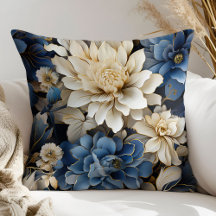 Chic Blue and White Flower Pattern Throw Pillow