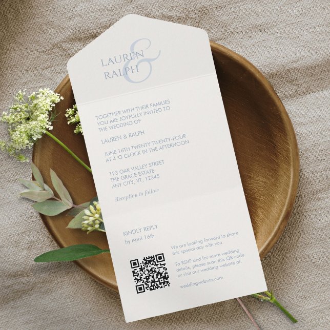 Chic Blue and White Monogram Initials  All In One Invitation (Creator Uploaded)