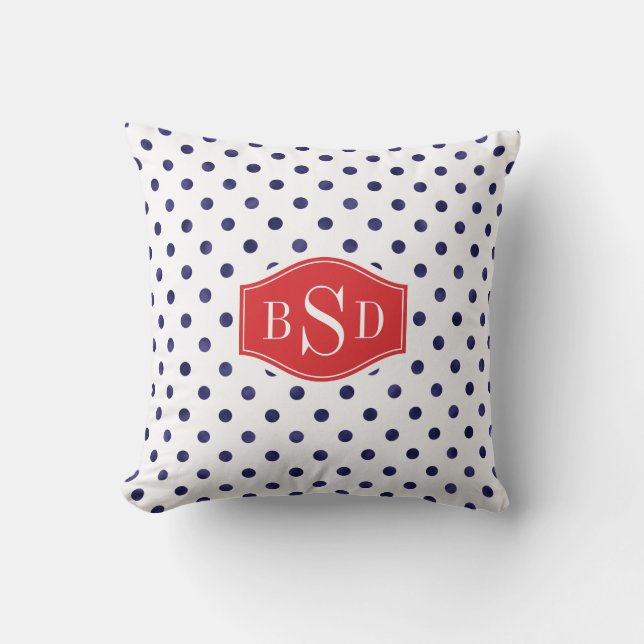 Chic blue and white polka dots patterns monogram cushion (Front)