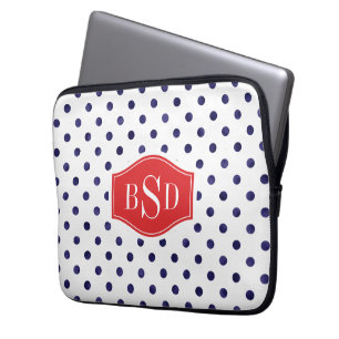 Chic blue and white polka dots patterns monogram laptop sleeve