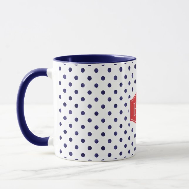 Chic blue and white polka dots patterns monogram mug (Left)