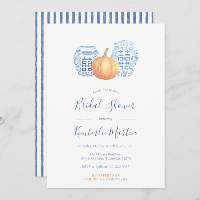 Chic Blue And White Pottery Pumpkins Bridal Shower Invitation (Front/Back)