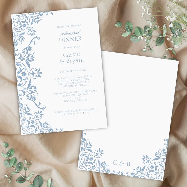 Chic Blue and White Rehearsal Dinner Invitation (romantic coastal chic blue and white wedding rehearsal dinner invitation with floral border pattern)