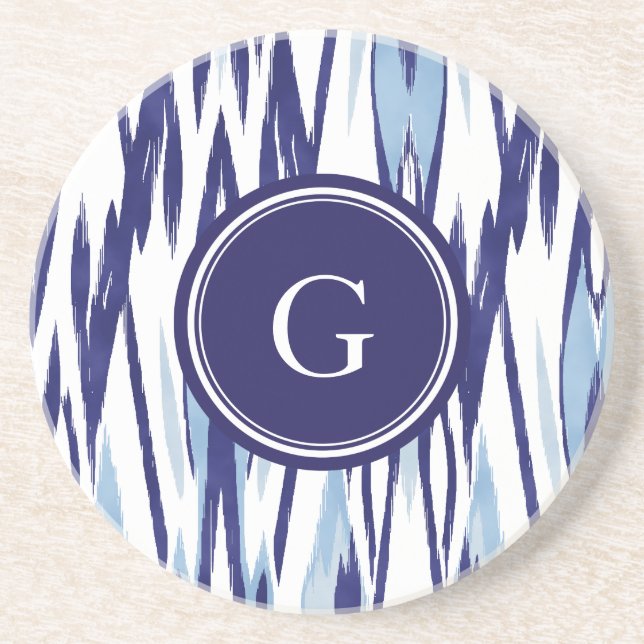 Chic blue and white watercolor ikat pattern coaster (Front)
