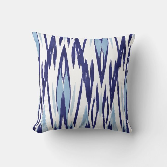 Chic blue and white watercolor ikat pattern cushion (Front)