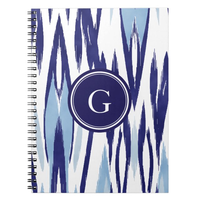 Chic blue and white watercolor ikat pattern notebook (Front)