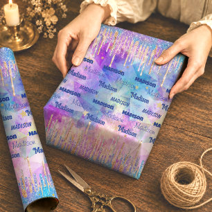 Chic Blue Aqua Dripping Glitter Unicorn Monogram Wrapping Paper Sheet