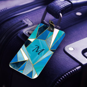 Chic blue aqua teal abstract geometric luggage tag