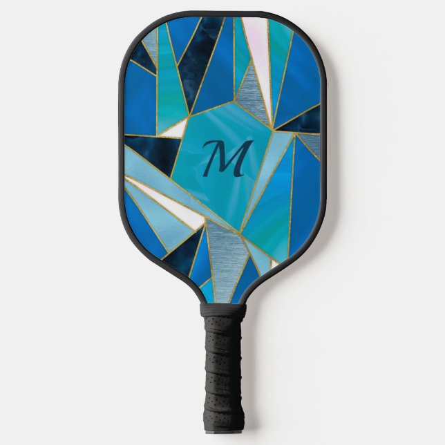 Chic blue aqua teal abstract geometric pickleball paddle (Front)