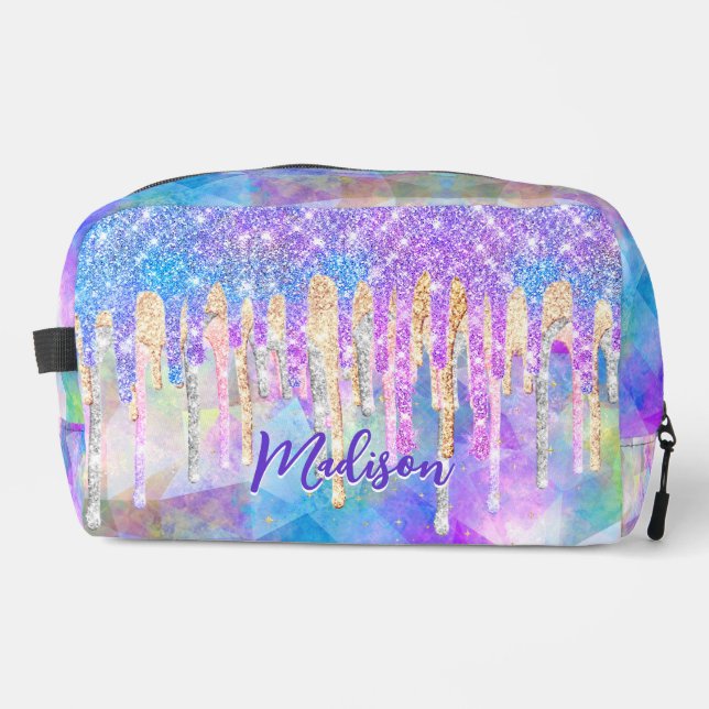 Chic blue aqua unicorn dripping glitter monogram dopp kit (Front)
