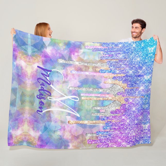 Chic blue aqua unicorn dripping glitter monogram fleece blanket (In Situ)