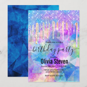 Chic blue aqua unicorn dripping glitter monogram invitation