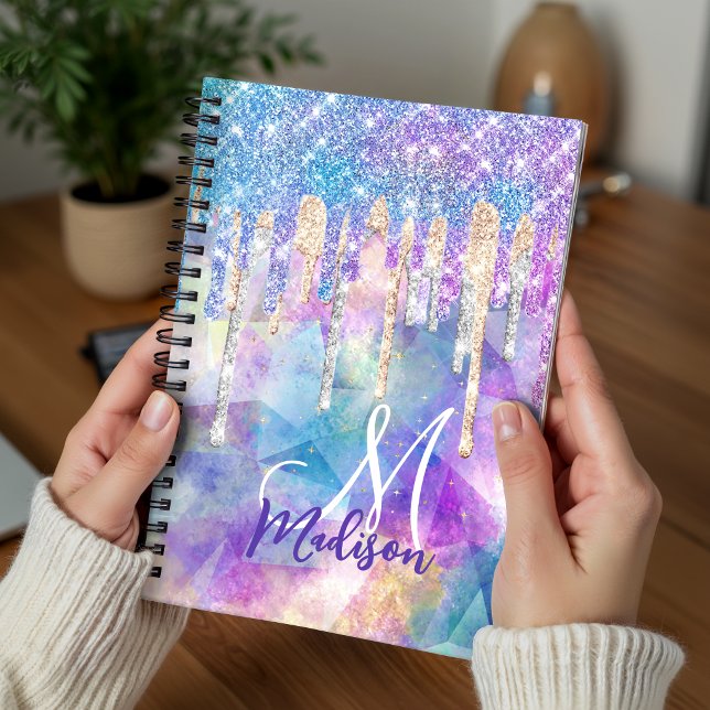Chic blue aqua unicorn dripping glitter monogram notebook (Creator Uploaded)