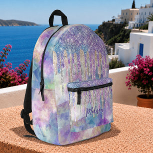 Chic blue aqua unicorn dripping glitter monogram printed backpack
