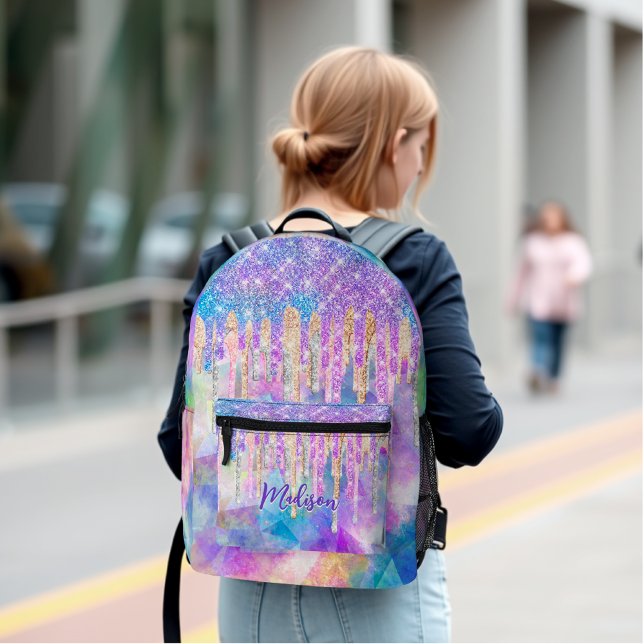 Chic blue aqua unicorn dripping glitter monogram  printed backpack (Creator Uploaded)