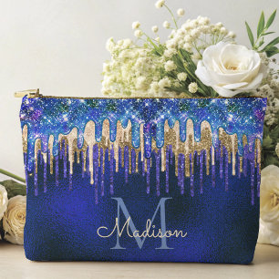 Chic blue aqua unicorn gold glitter drips monogram accessory pouch
