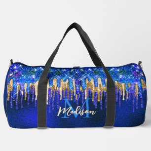 Chic blue aqua unicorn gold glitter drips monogram duffle bag