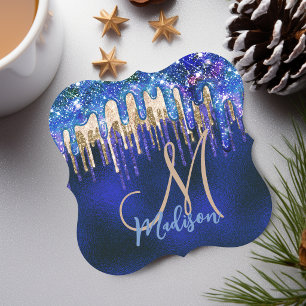 Chic blue aqua unicorn gold glitter drips monogram paper coaster