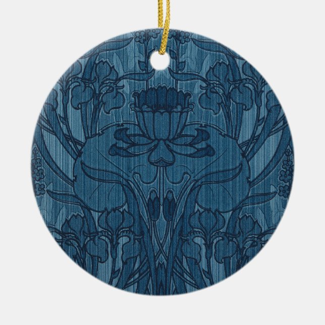 Chic Blue Art Nouveau Iris Botanical Pattern Ceramic Tree Decoration (Front)