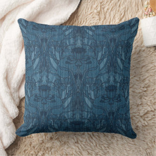 Chic Blue Art Nouveau Iris Botanical Pattern Cushion