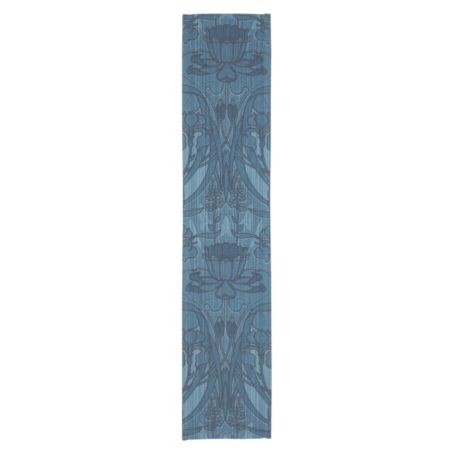 Chic Blue Art Nouveau Iris Botanical Pattern Short Table Runner (Front)