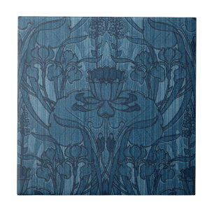 Chic Blue Art Nouveau Iris Botanical Pattern Tile