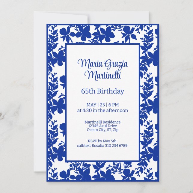 Chic Blue Azure Floral 65th Birthday Party Invitation (Front)