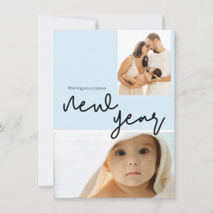 Chic Blue Baby Boy Birth Photo Happy New Year Holiday Card