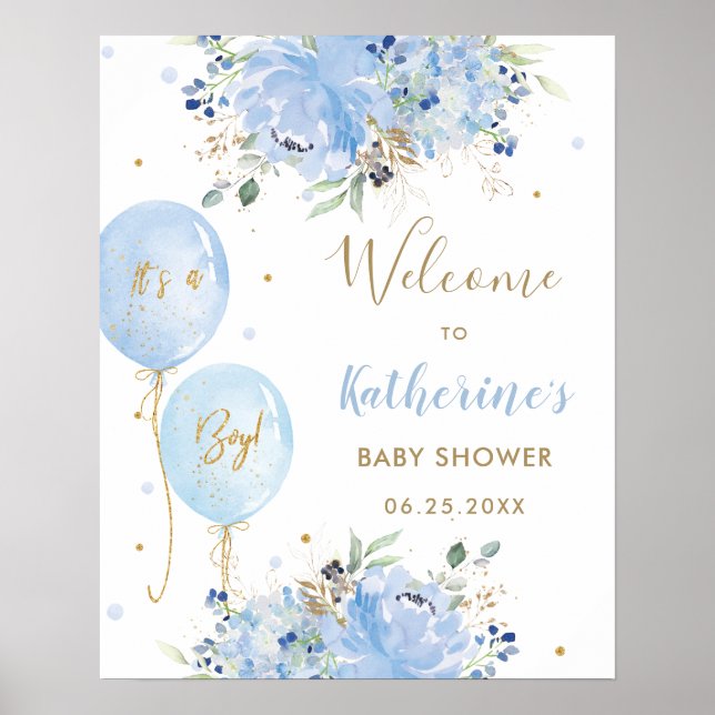 Chic Blue Balloons Floral Boy Baby Shower Welcome Poster (Front)